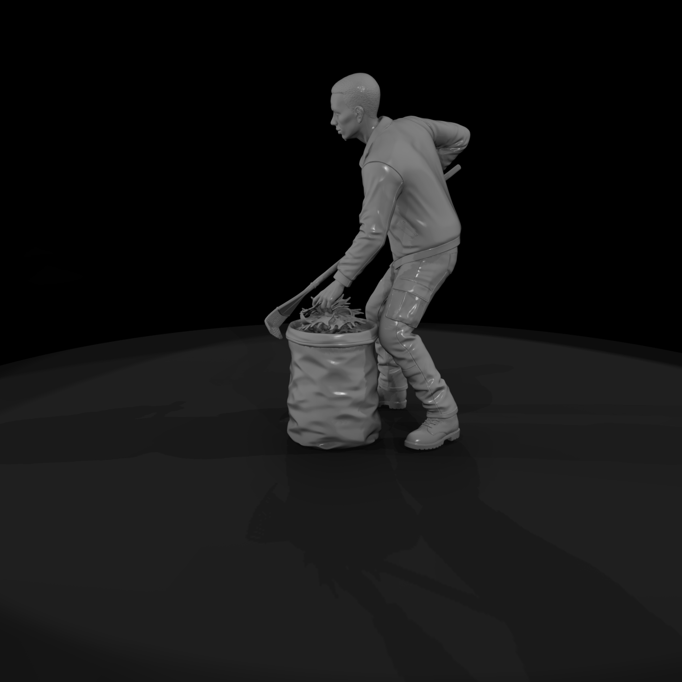 Crouching Gardener Figure with Rake