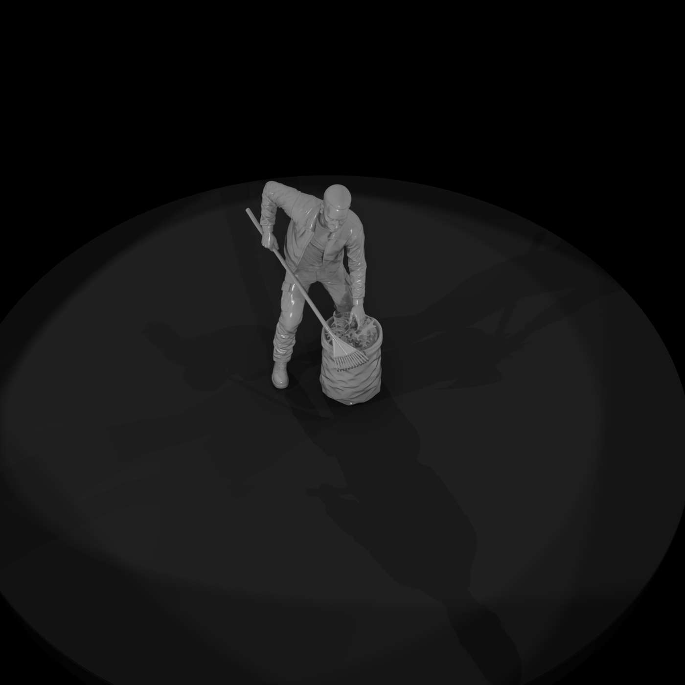Crouching Gardener Figure with Rake