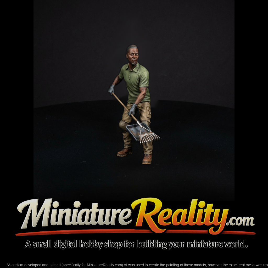 Kneeling Landscaper Figure with Rake and Mulch