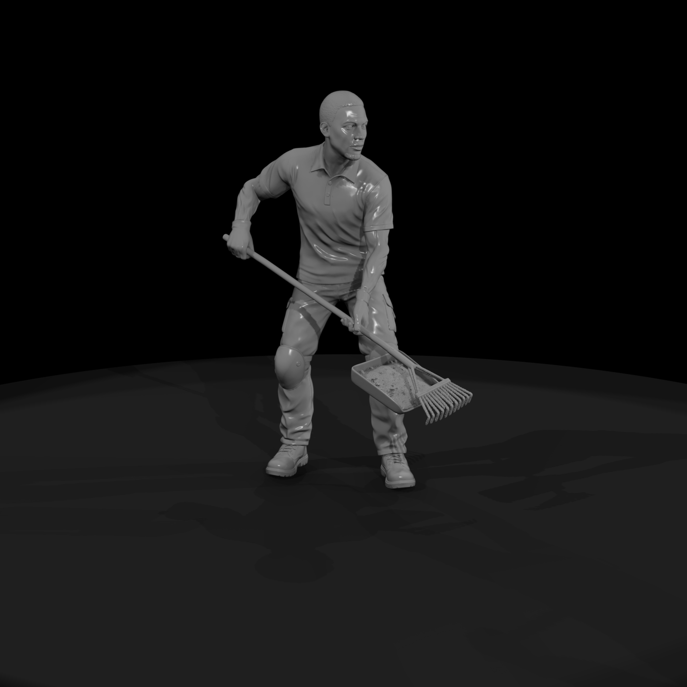 Kneeling Landscaper Figure with Rake and Mulch