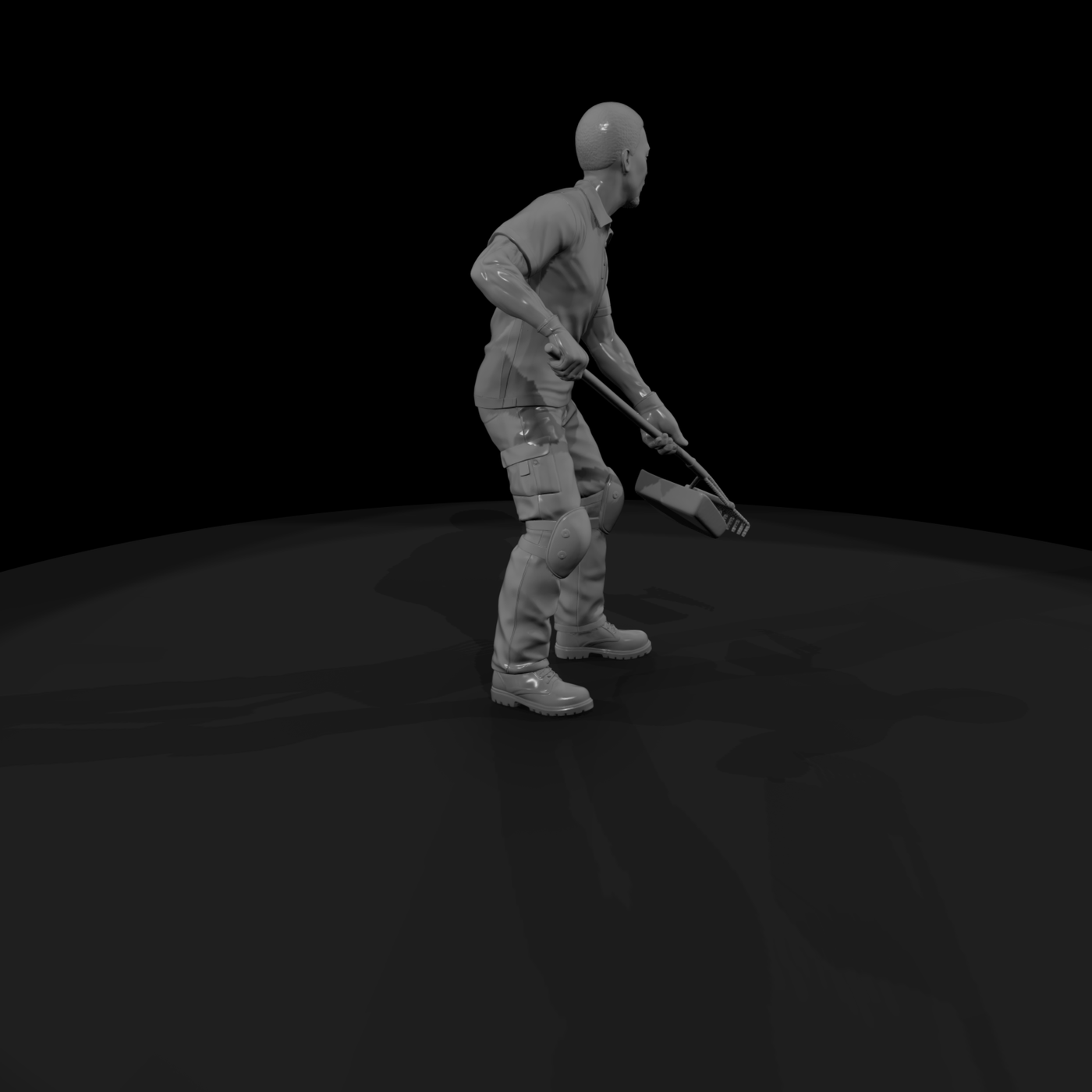 Kneeling Landscaper Figure with Rake and Mulch