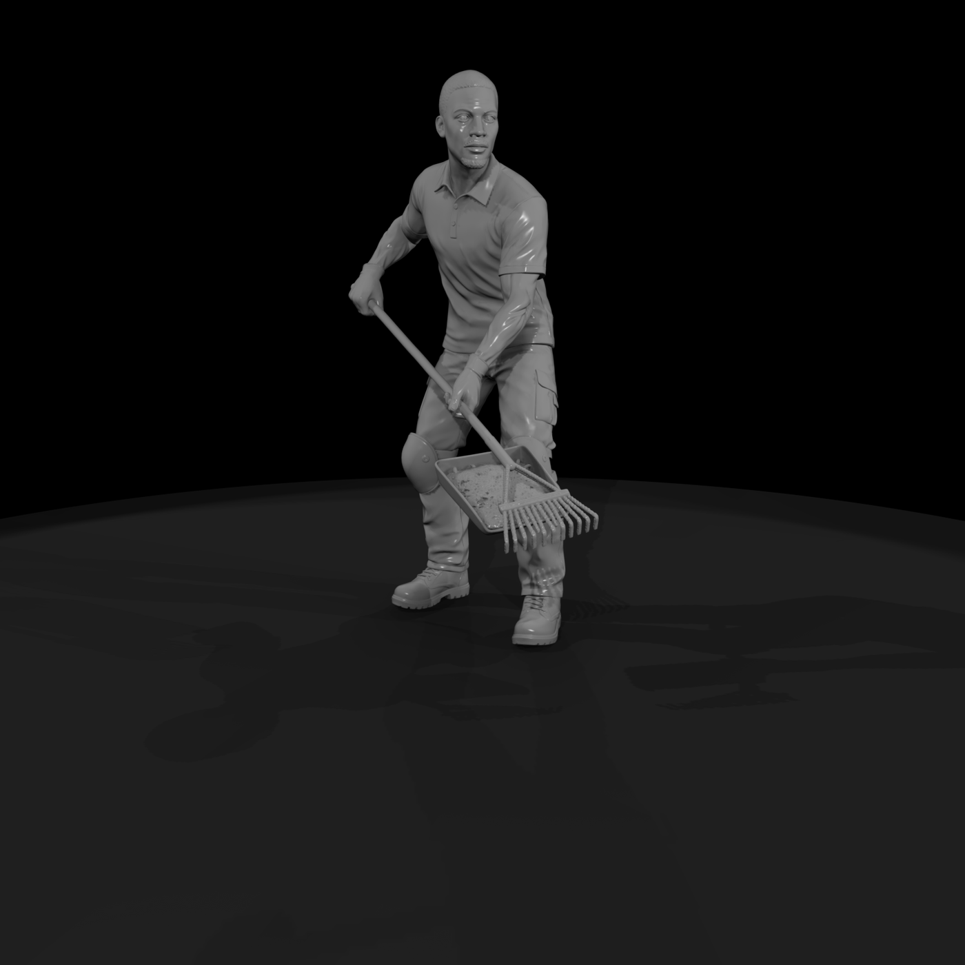 Kneeling Landscaper Figure with Rake and Mulch