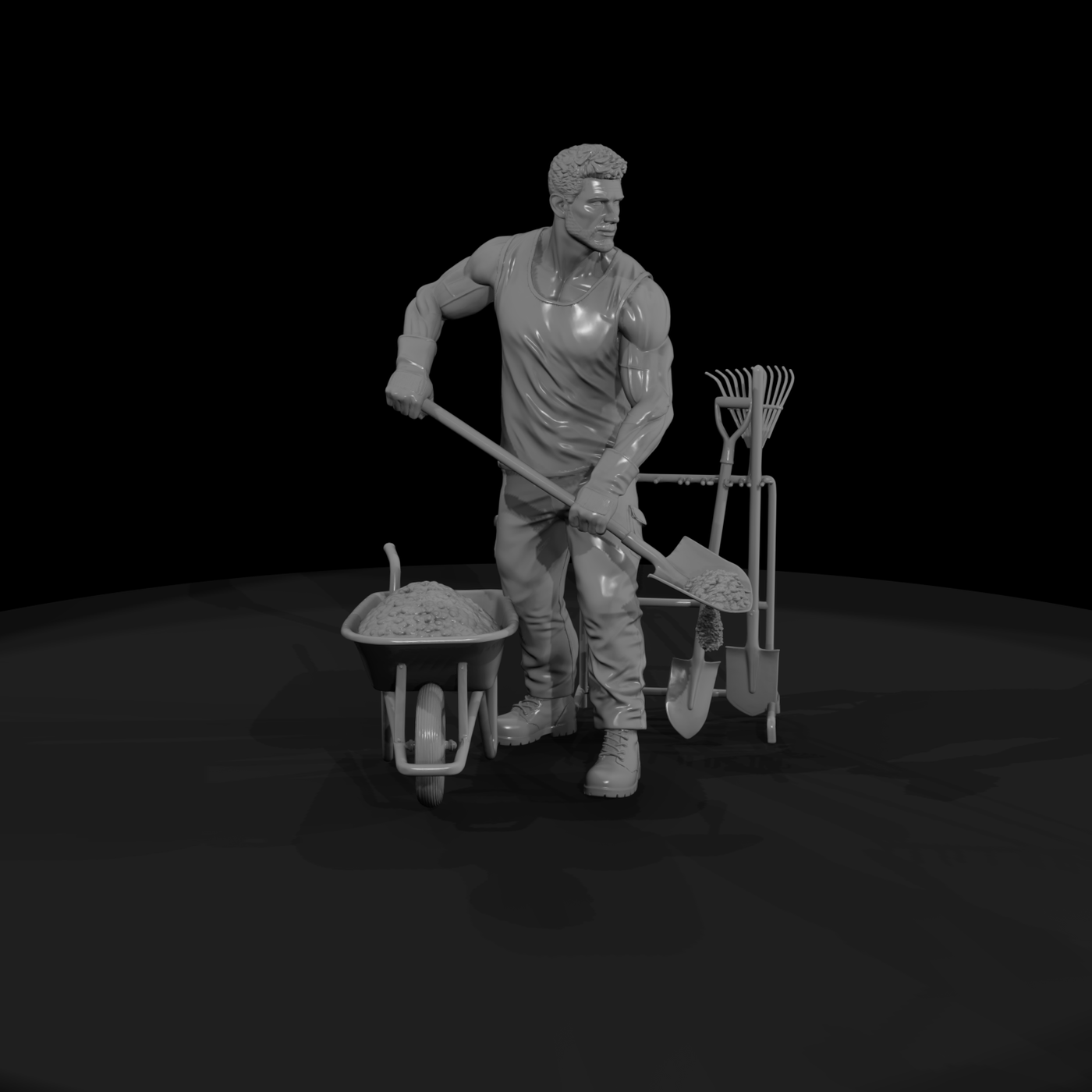 Landscaper Shoveling Wheelbarrow Topsoil