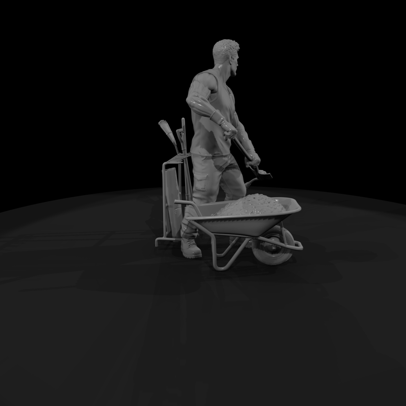 Landscaper Shoveling Wheelbarrow Topsoil