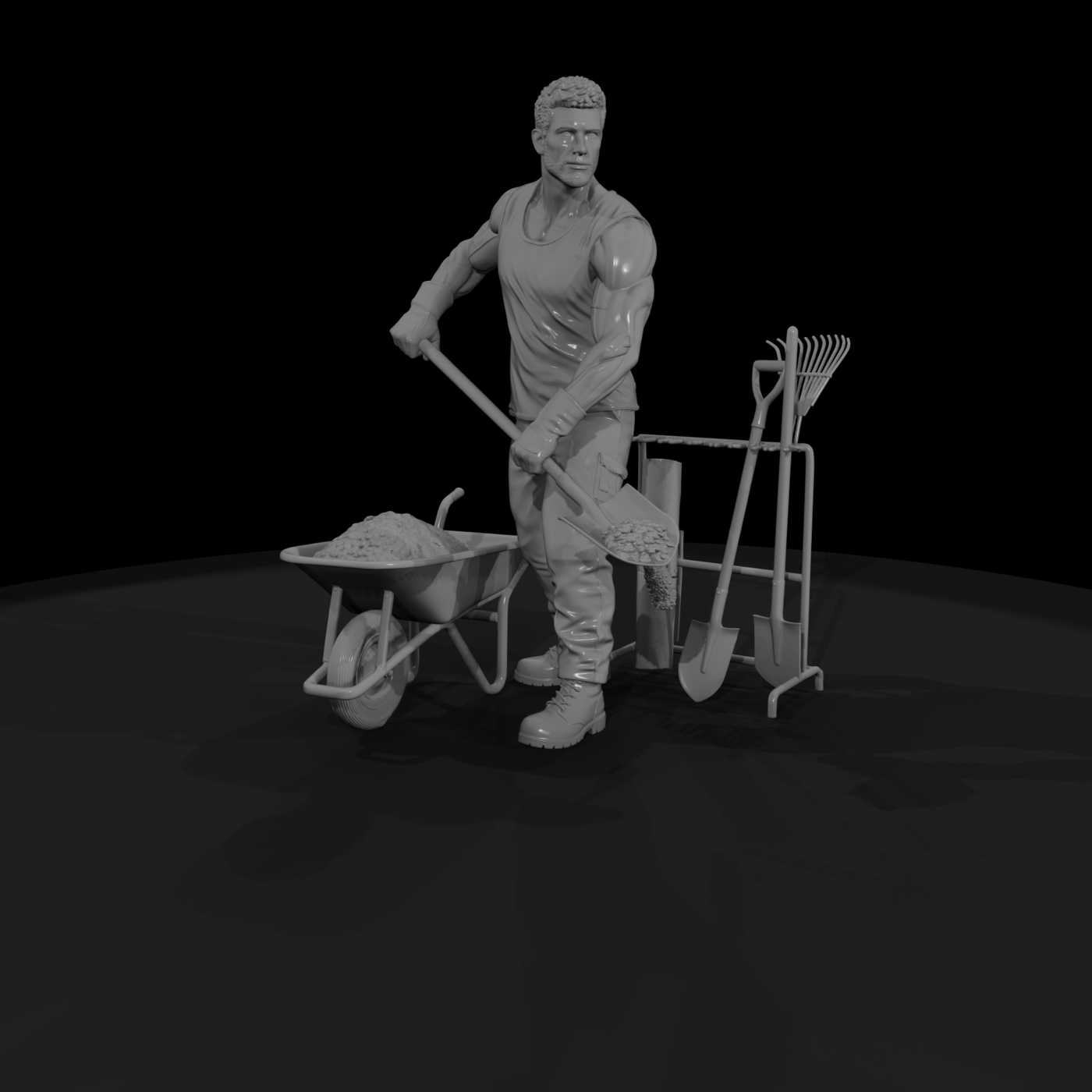 Landscaper Shoveling Wheelbarrow Topsoil