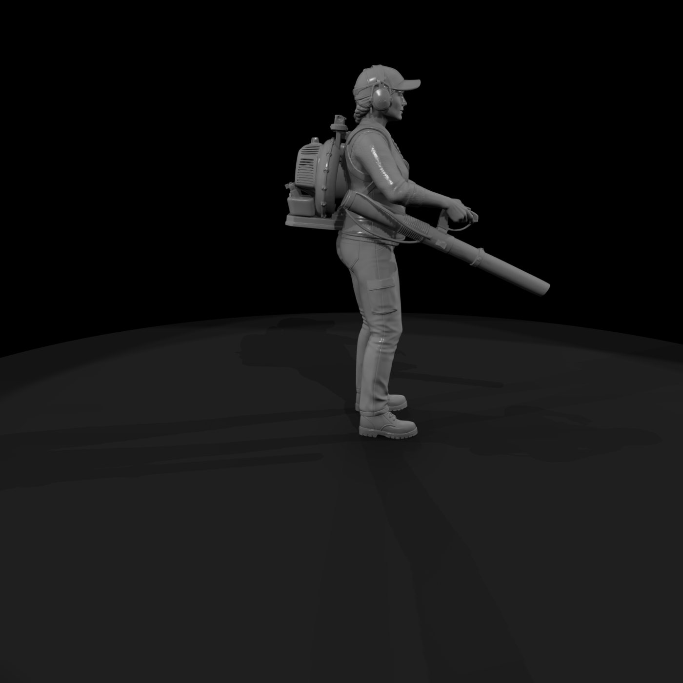 Female Landscaper Figure with Backpack Leaf Blower