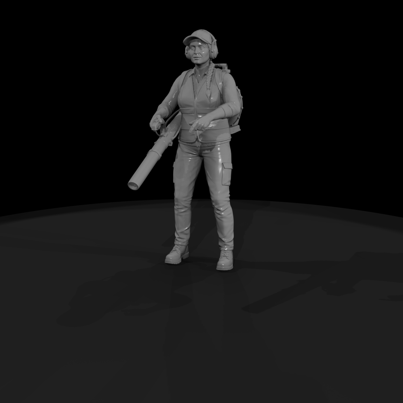 Female Landscaper Figure with Backpack Leaf Blower