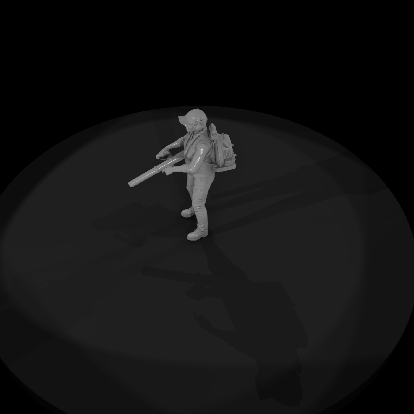 Female Landscaper Figure with Backpack Leaf Blower