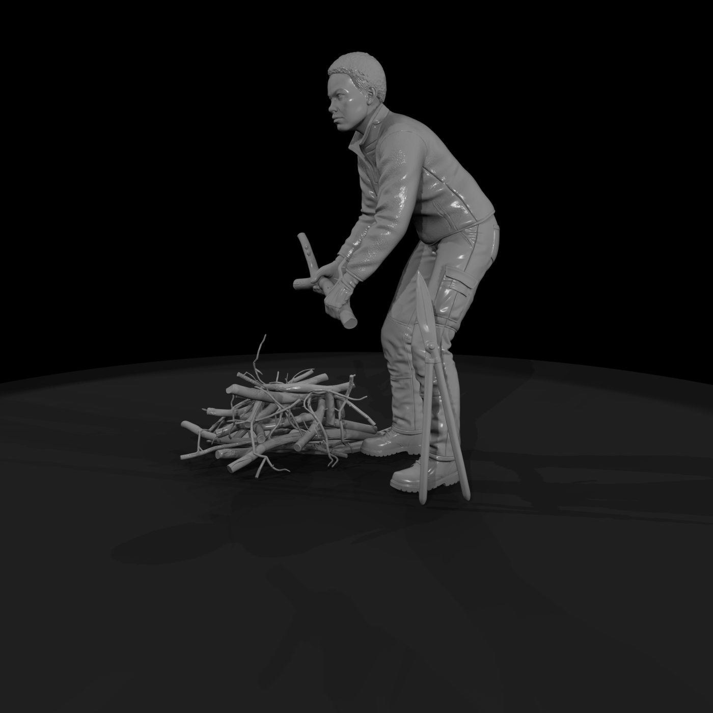Gardener picking up branches figure
