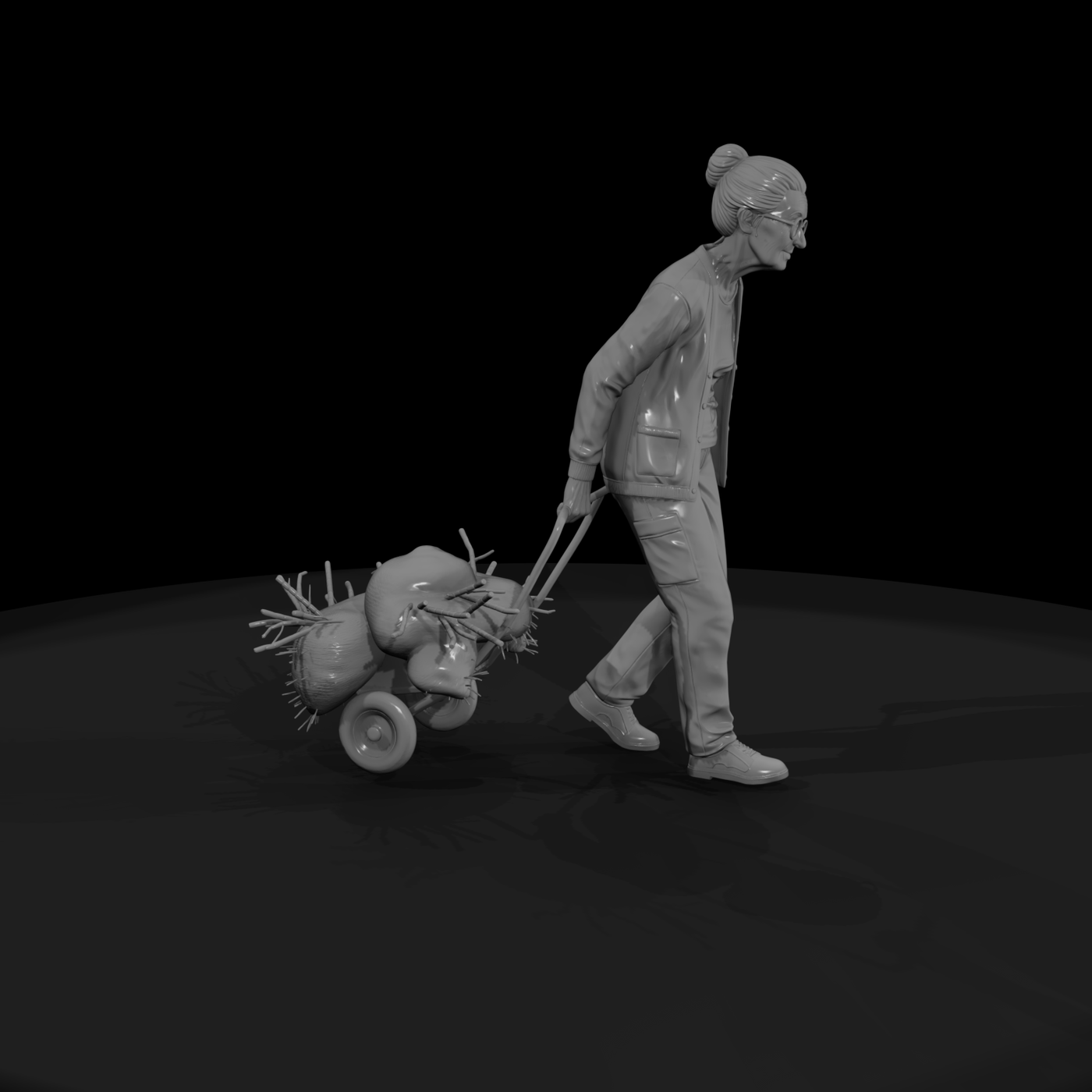 Older Woman Gardener with Hand Cart