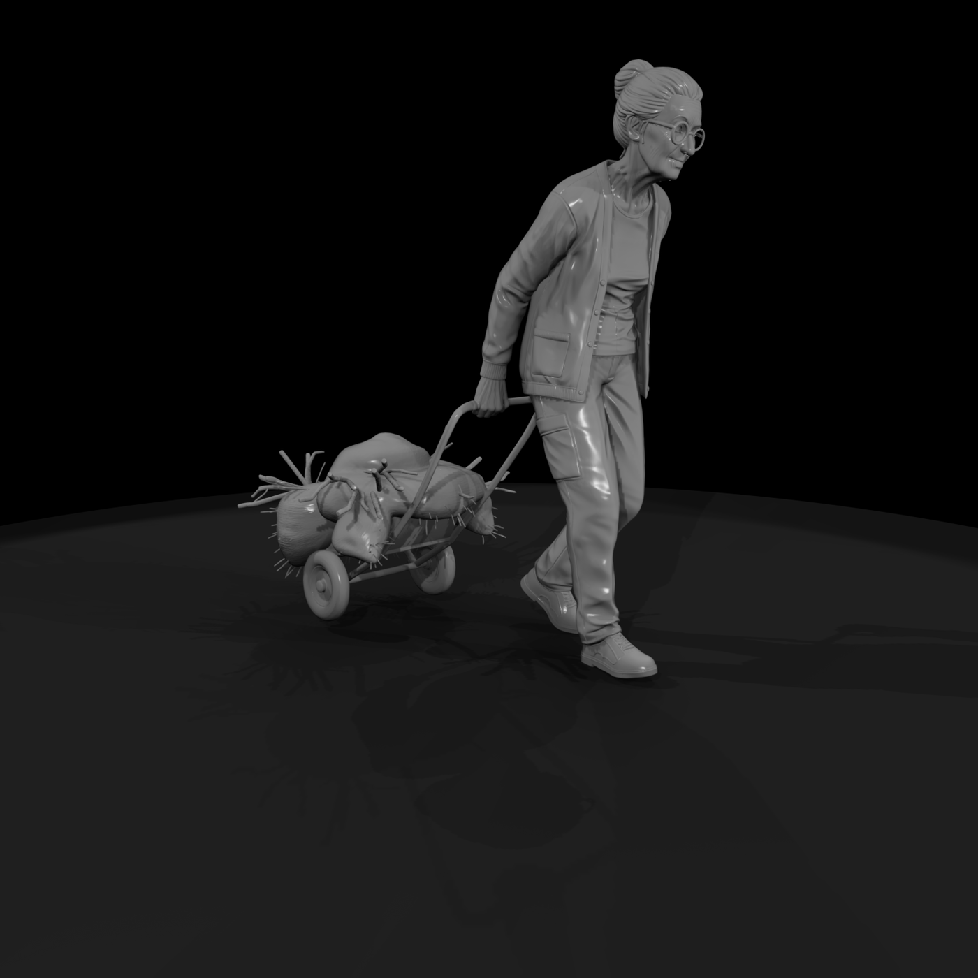 Older Woman Gardener with Hand Cart