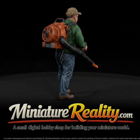 Landscaping Worker with Backpack Leaf Blower — 3D Printable Figure, three-quarter view