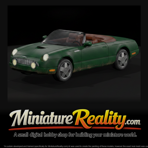 Low Poly Untextured Classic Convertible Sports Car miniature, three-quarter view
