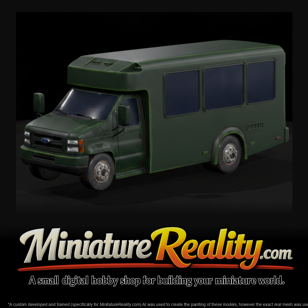 Matte Graybox Ford Shuttle Van miniature, three-quarter view