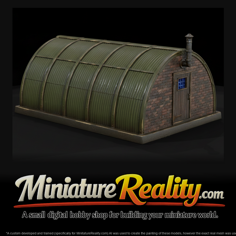 WWII Nissen Hut Barracks miniature, three-quarter view