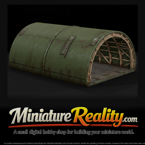 WWII England Blister Hangar miniature, three-quarter view