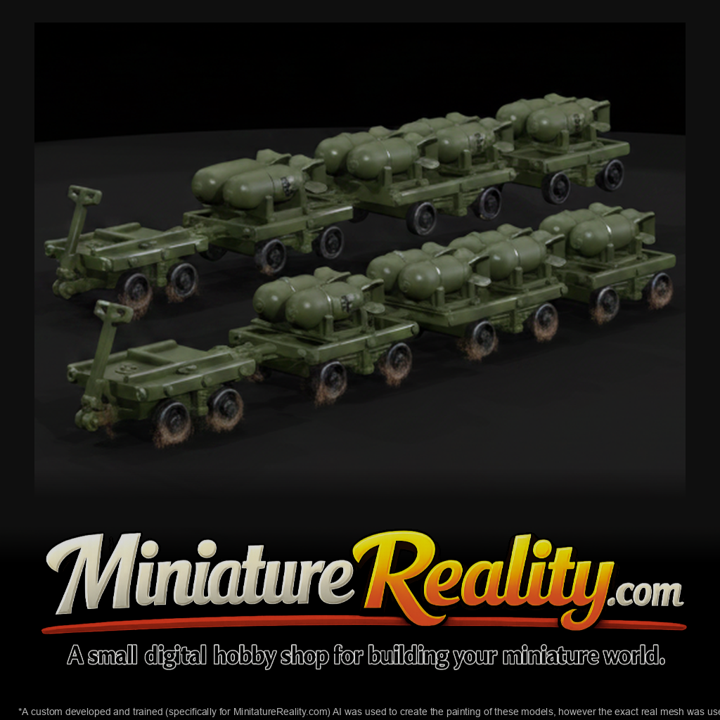WWII England Bomb Trolley Train miniature, three-quarter view