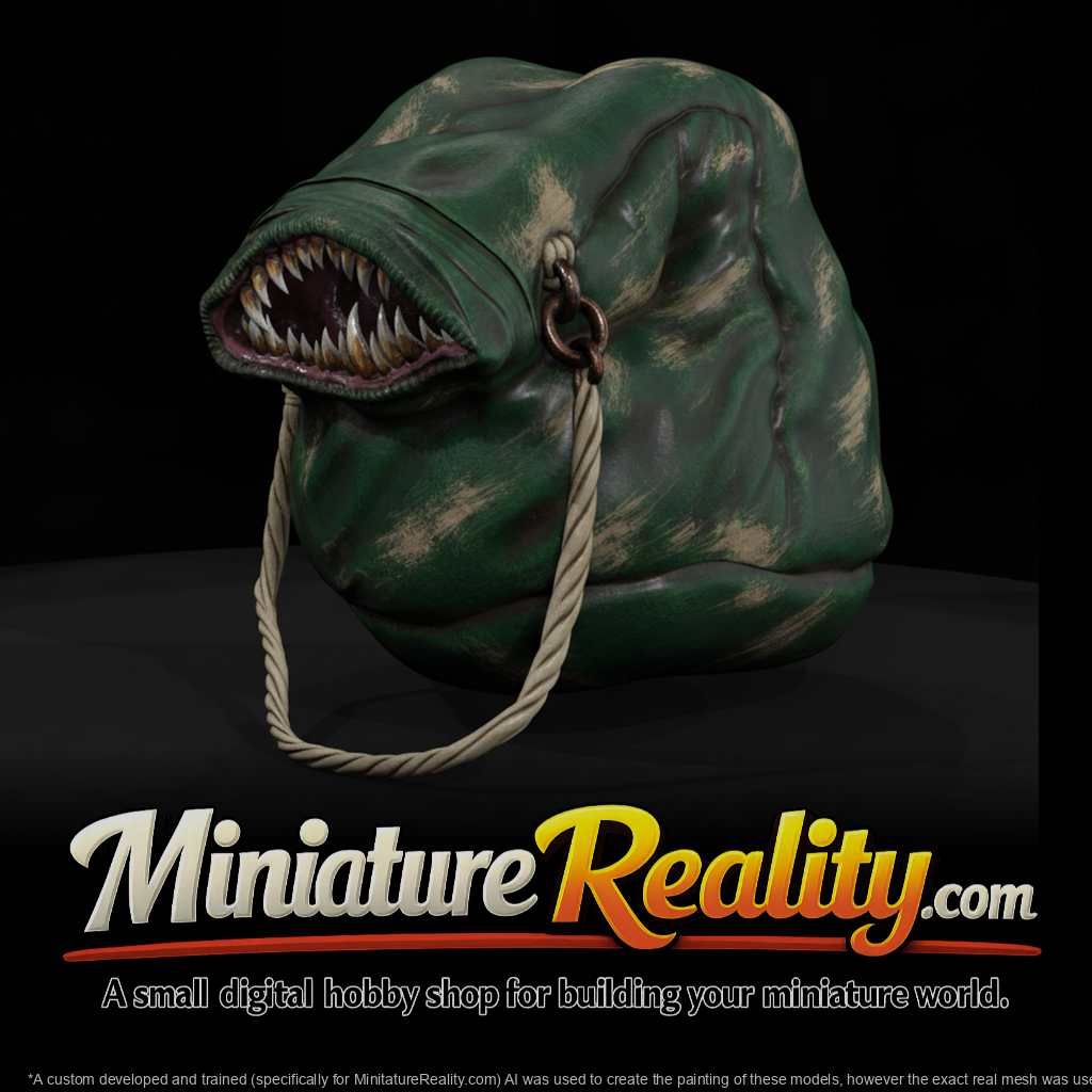 Mimic Drawstring Bag — Fantasy RPG miniature, three-quarter view