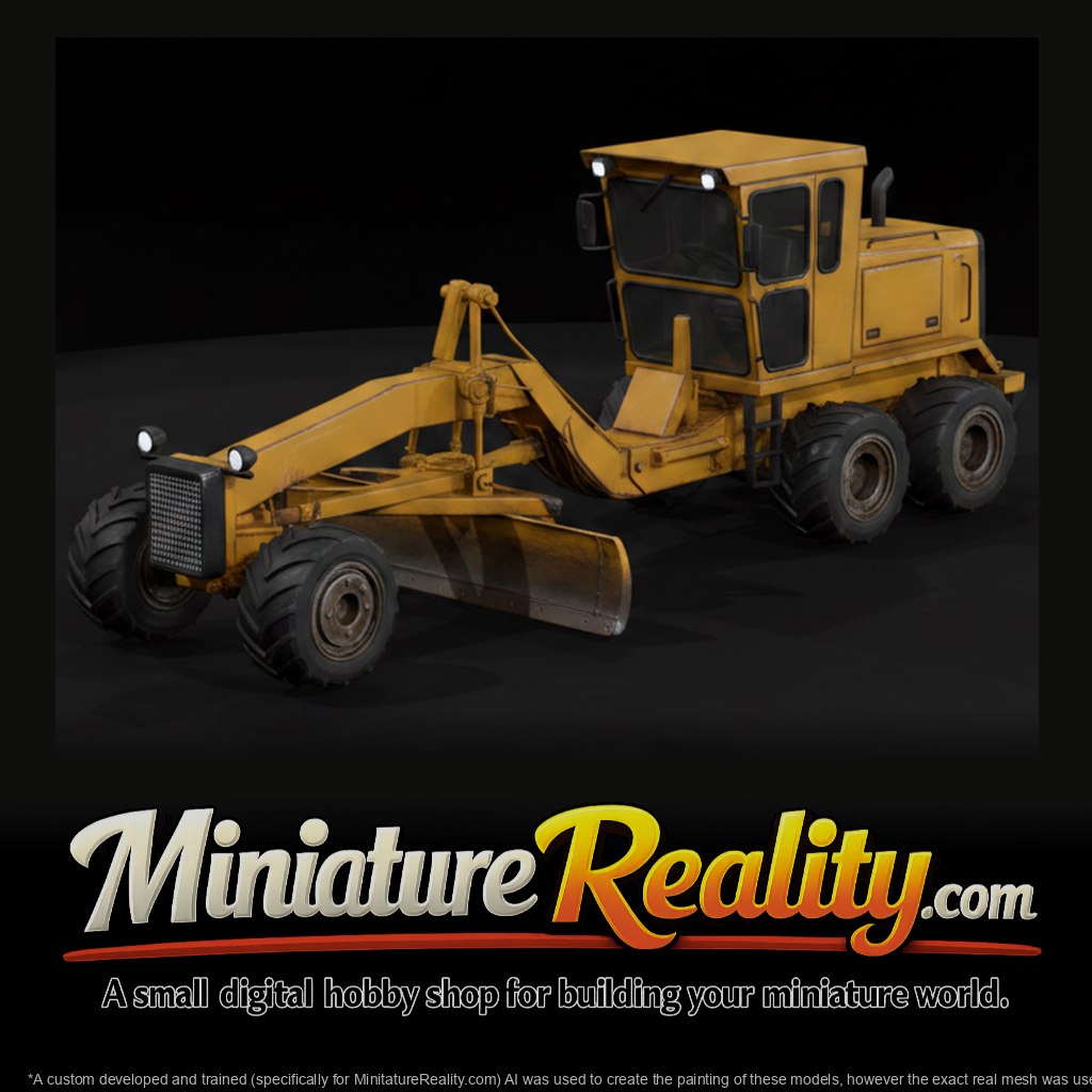 Motor grader roadwork vehicle miniature, three-quarter view