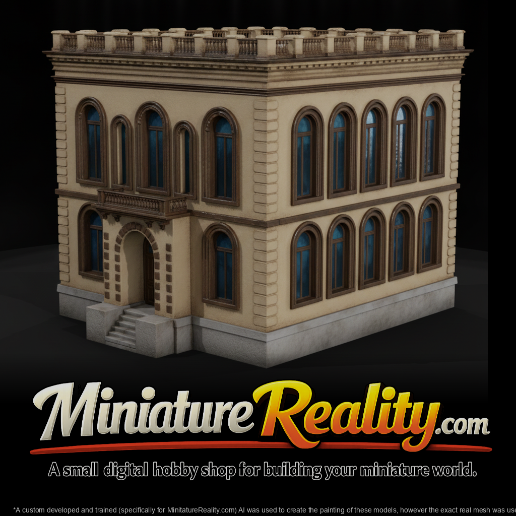 Neoclassical european townhouse miniature, three-quarter view