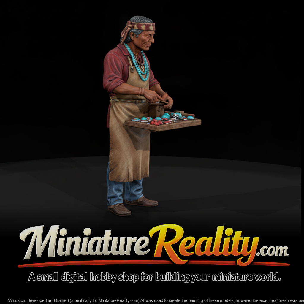 Zuni Silversmith with Turquoise Tray miniature, three-quarter view