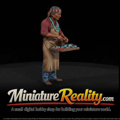 Zuni Silversmith with Turquoise Tray miniature, three-quarter view