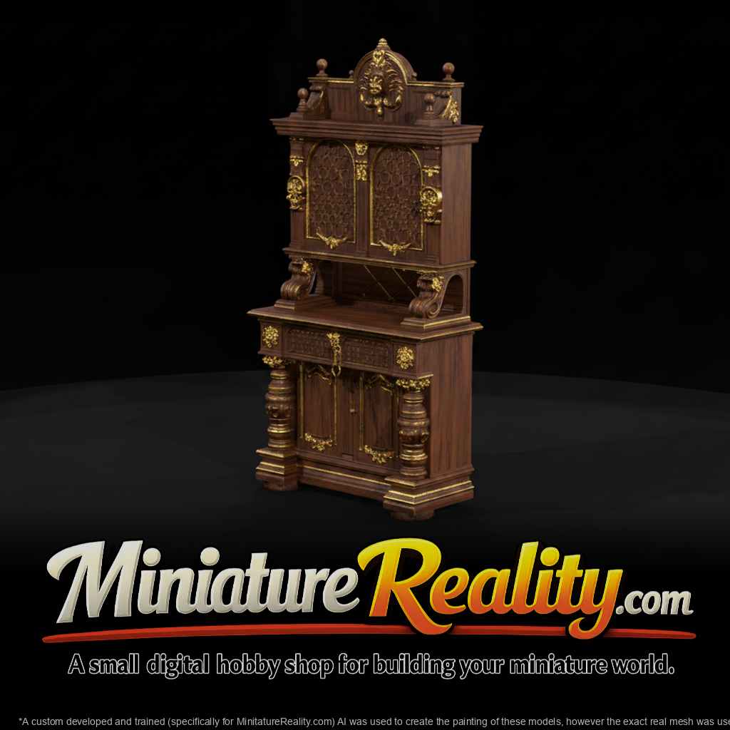 Ornate neo renaissance cabinet miniature, three-quarter view