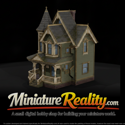 Ornate queen anne house miniature, three-quarter view