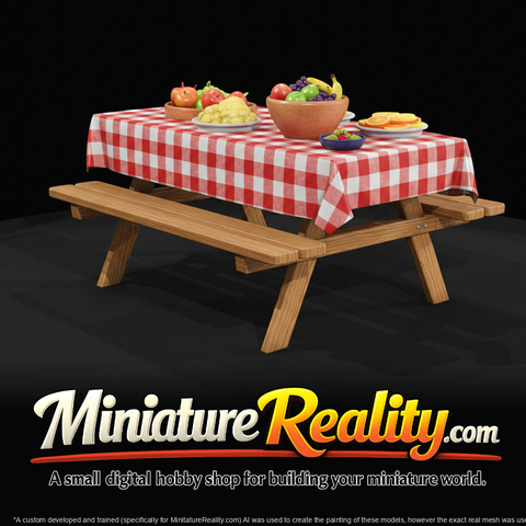 Wooden Picnic Table with Attached Benches and Tablecloth miniature, three-quarter view