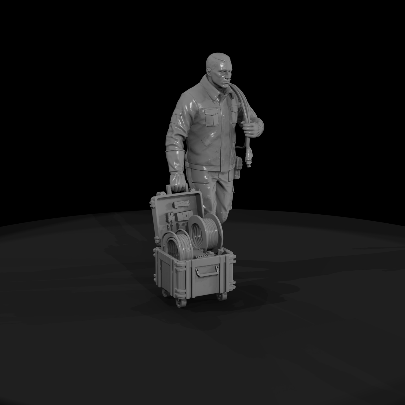 Motorsport pit crew technician with equipment crate
