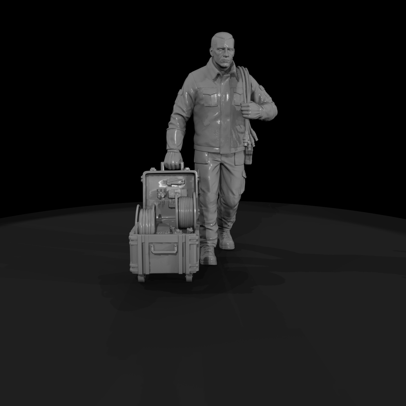 Motorsport pit crew technician with equipment crate