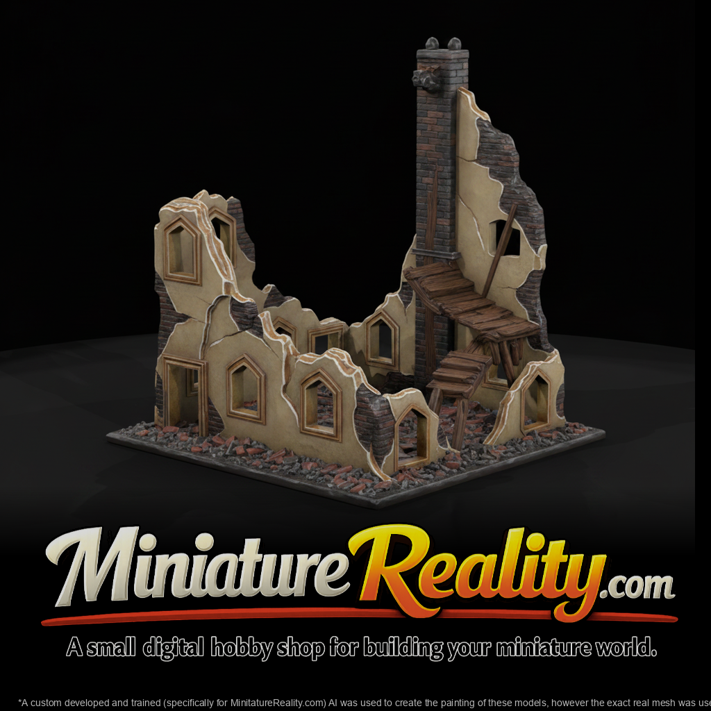 Ruined Townhouse miniature, three-quarter view