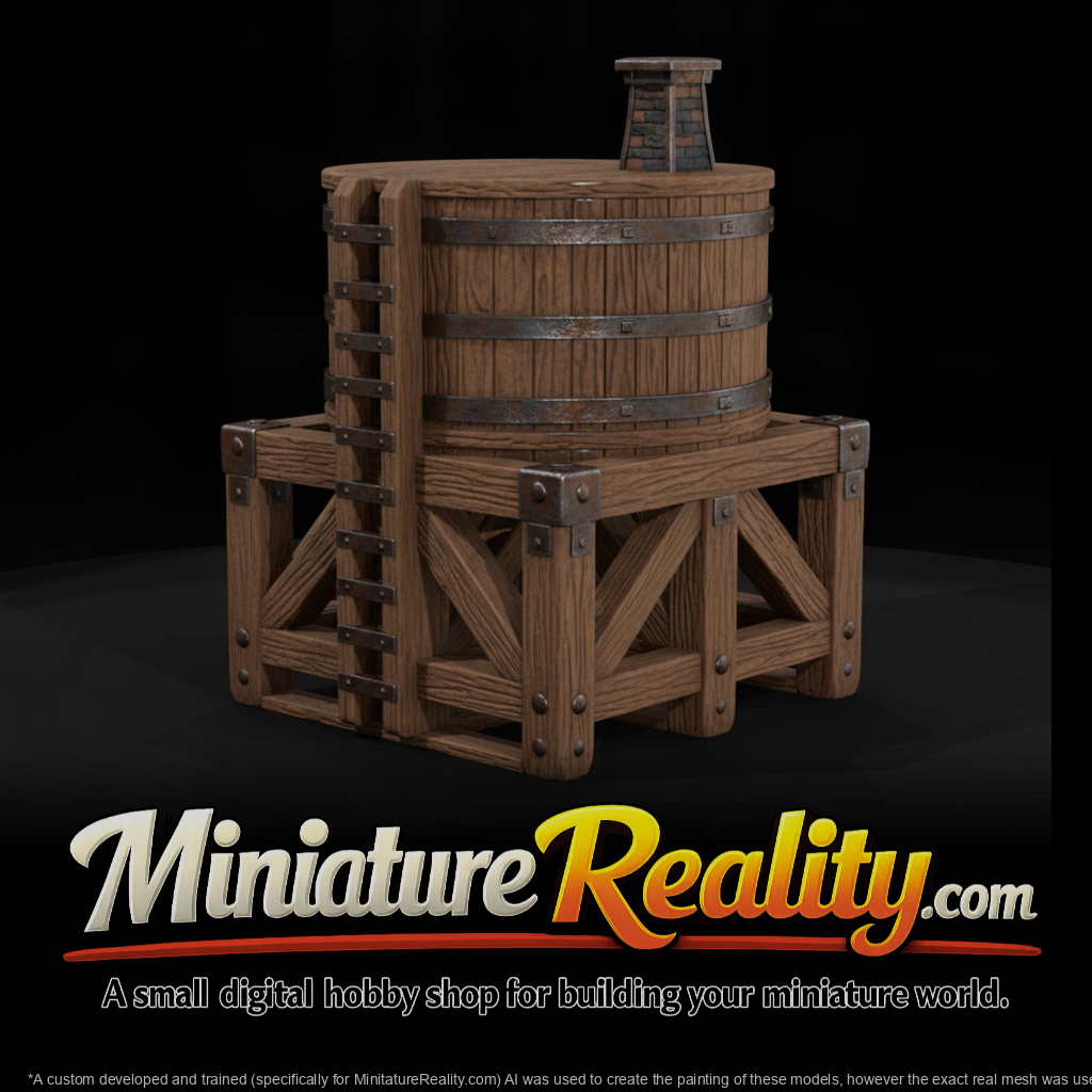 Rustic Unpainted Wooden Water Tower miniature, three-quarter view