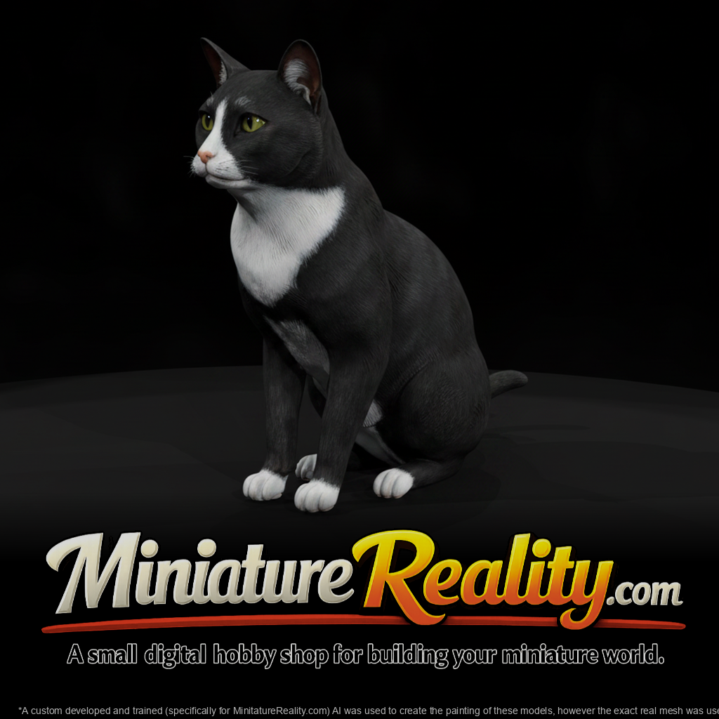 Seated Tuxedo Cat & Railways miniature, three-quarter view