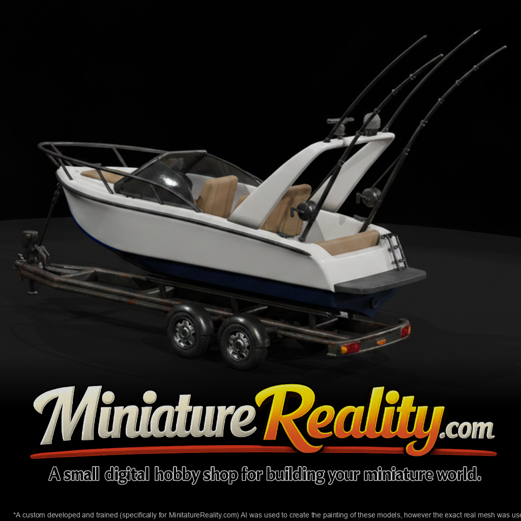 Small Deep-Sea Pleasure Boat on Trailer miniature, three-quarter view