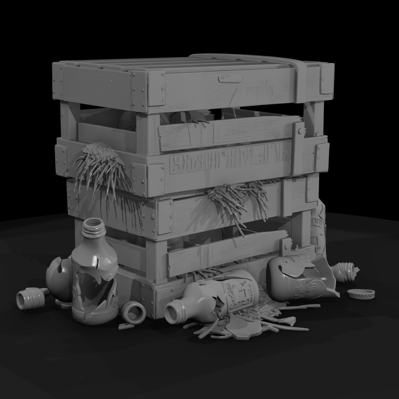 Toppled milk crates & broken bottles