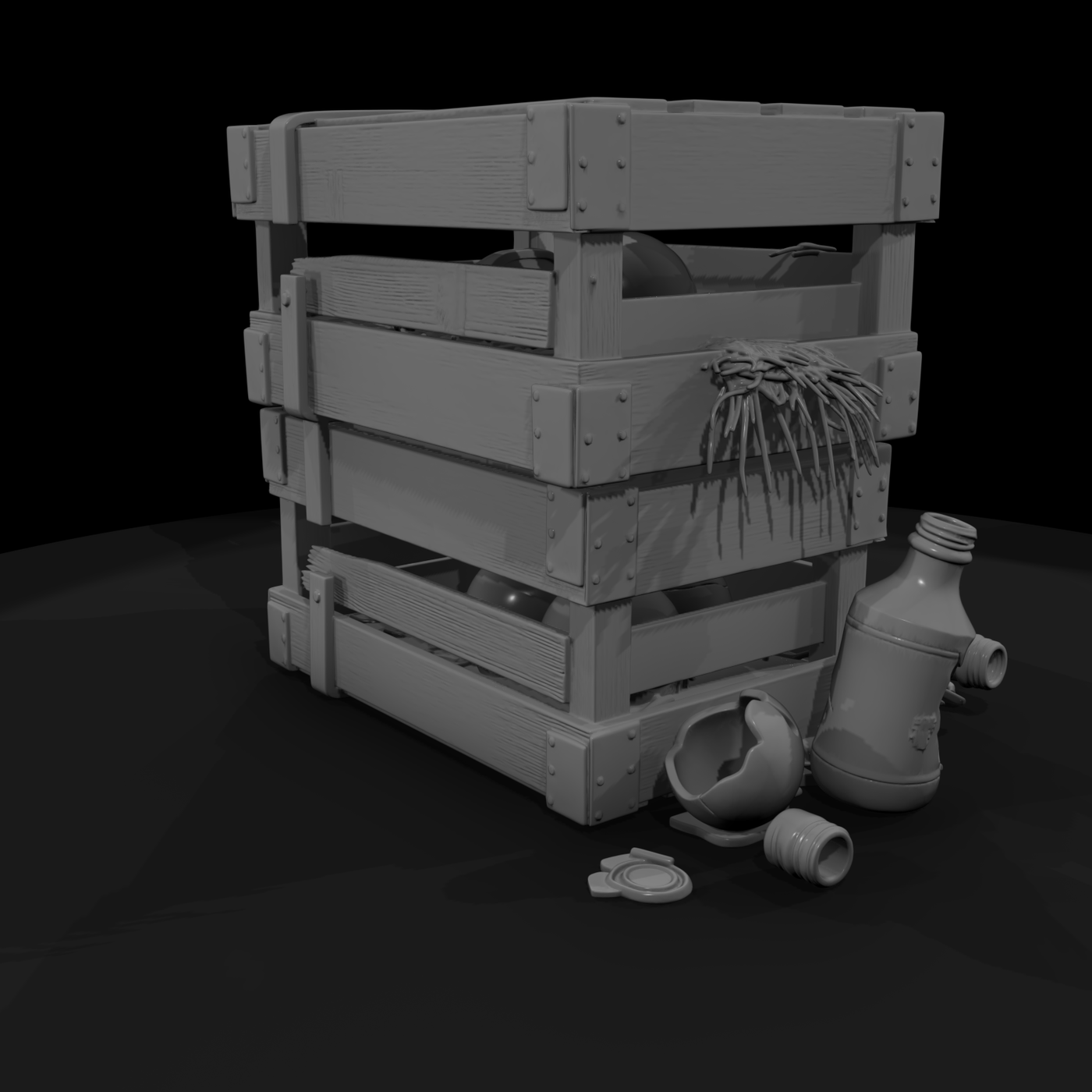 Toppled milk crates & broken bottles