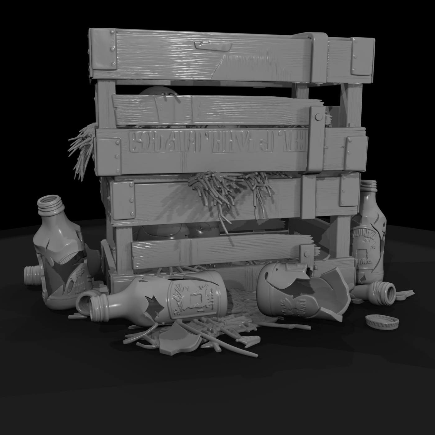 Toppled milk crates & broken bottles