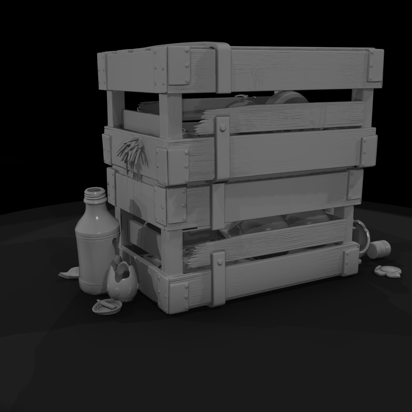 Toppled milk crates & broken bottles