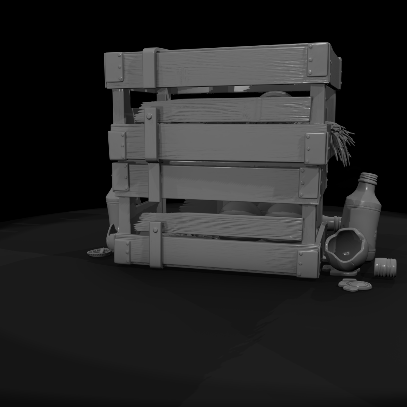 Toppled milk crates & broken bottles