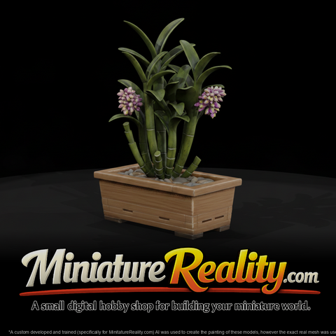 Stylized wooden potted flowering orchid mWGTumZT miniature, three-quarter view