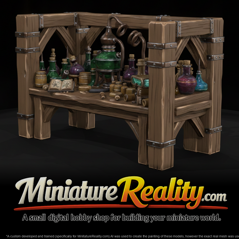 Stylized Fantasy Alchemist Workbench miniature, three-quarter view