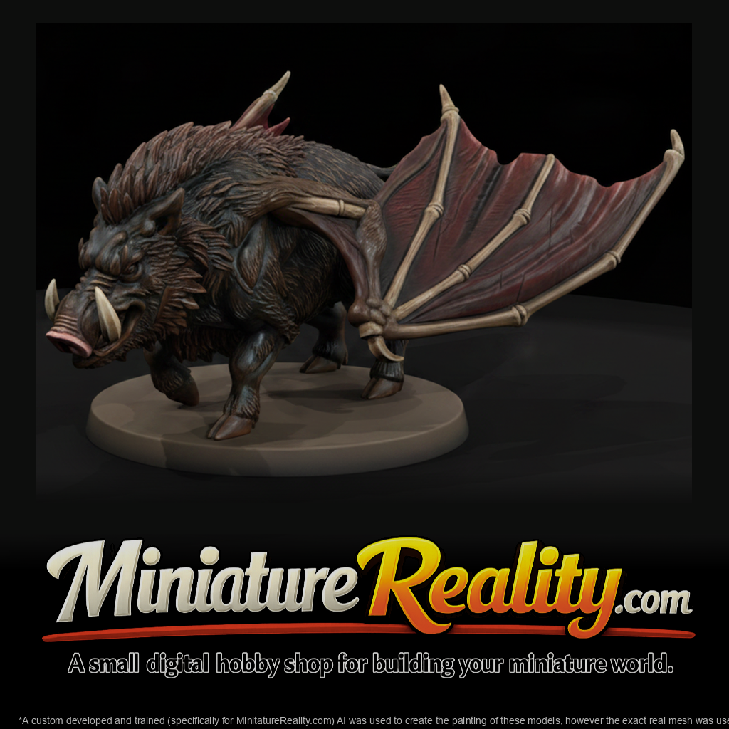 Stylized Fantasy Winged War Boar miniature, three-quarter view