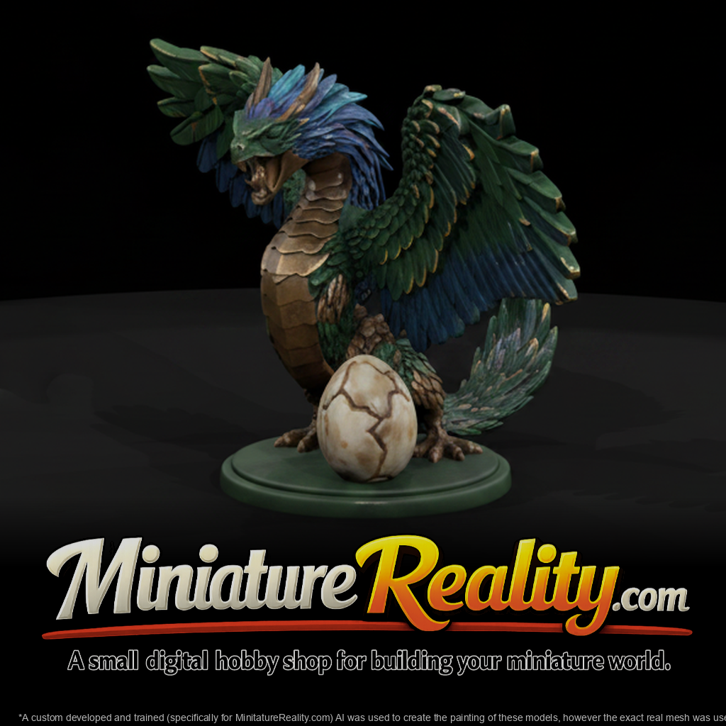 Stylized Feathered Serpent Dragon miniature, three-quarter view