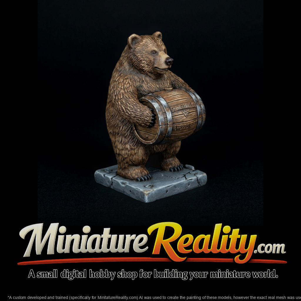 Stylized Grizzly Bear on Barrel - 3D Printable Miniature Statue
