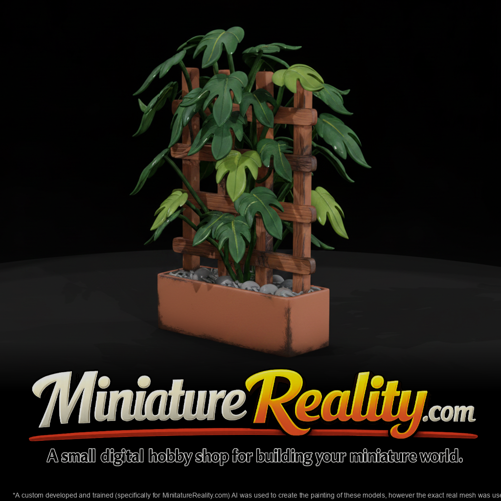 Stylized Matte Trellised Potted Philodendron miniature, three-quarter view