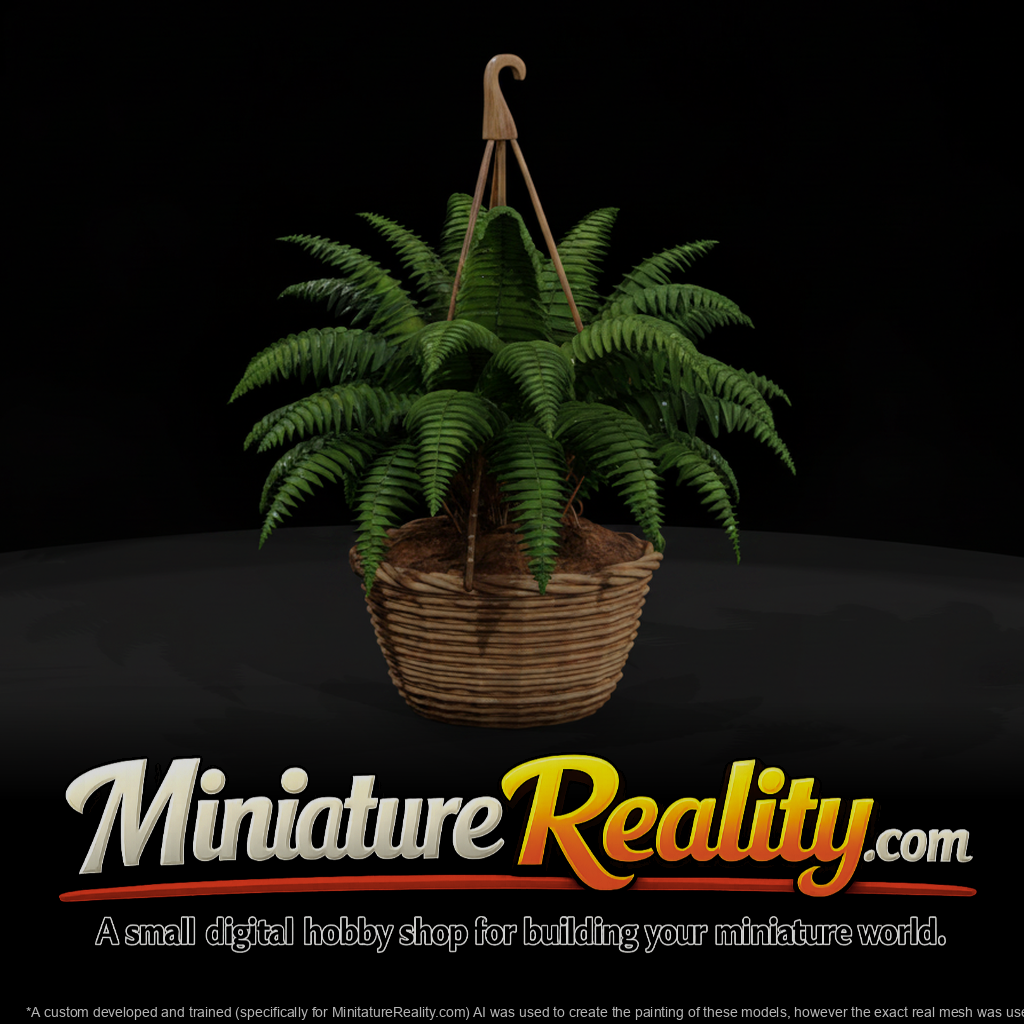 Stylized Monochrome Hanging Fern Basket miniature, three-quarter view