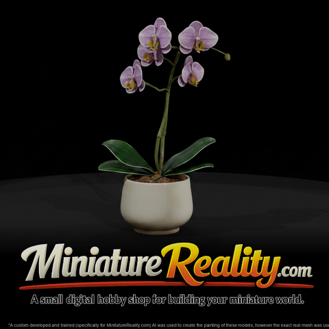 Stylized monochrome potted orchid model xfZRZzjm, three-quarter view