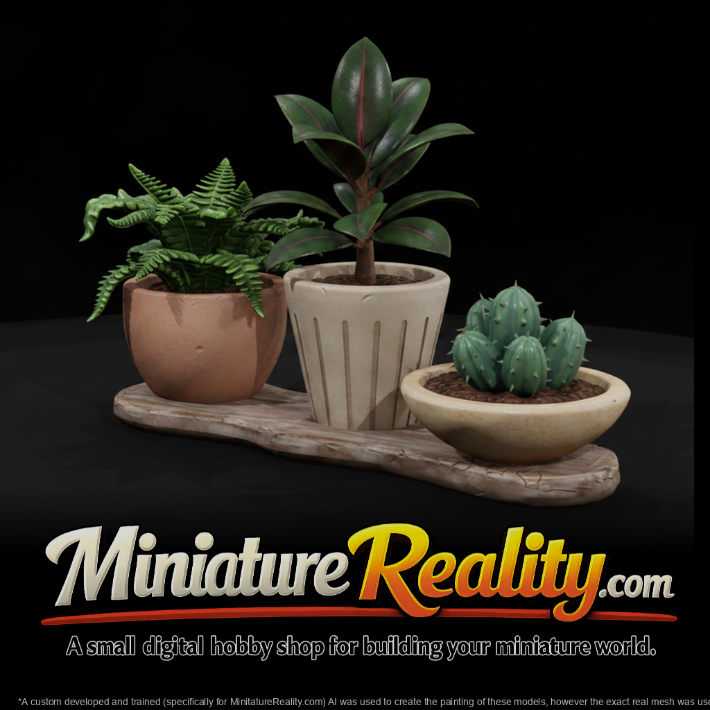 Stylized Potted Plant Trio miniature, three-quarter view