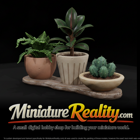 Stylized Potted Plant Trio miniature, three-quarter view